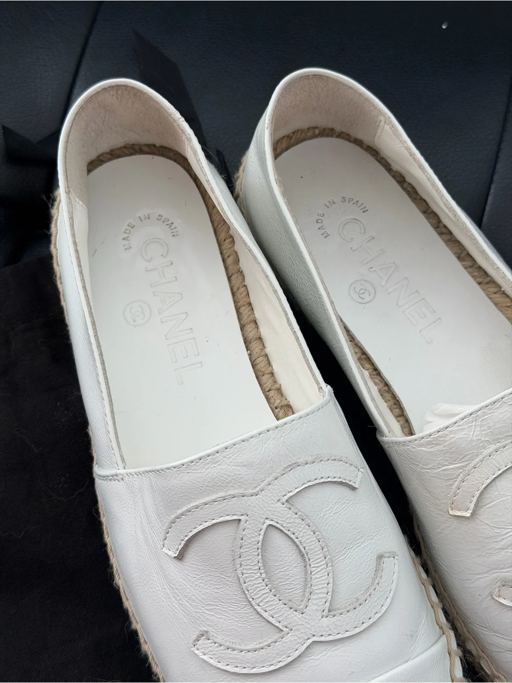 CHANEL White Leather CC Espadrilles Shoes Flats Size 36